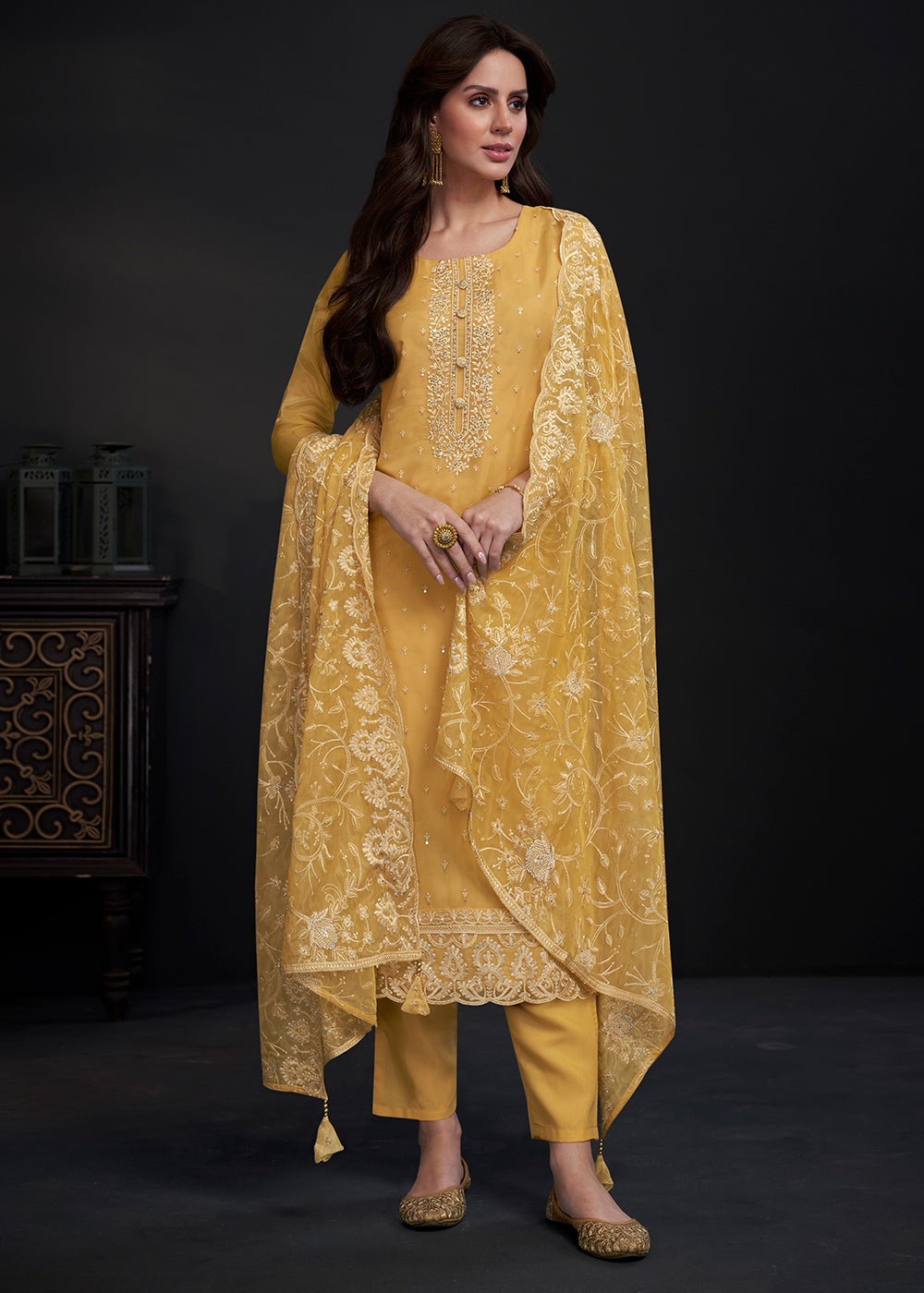 Tuscany Yellow Designer Organza Salwar Suit with Embroidery Work