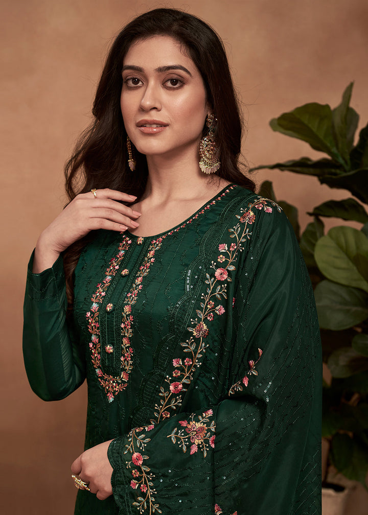 Dark Green Designer Organza Salwar Suit with Embroidery Work