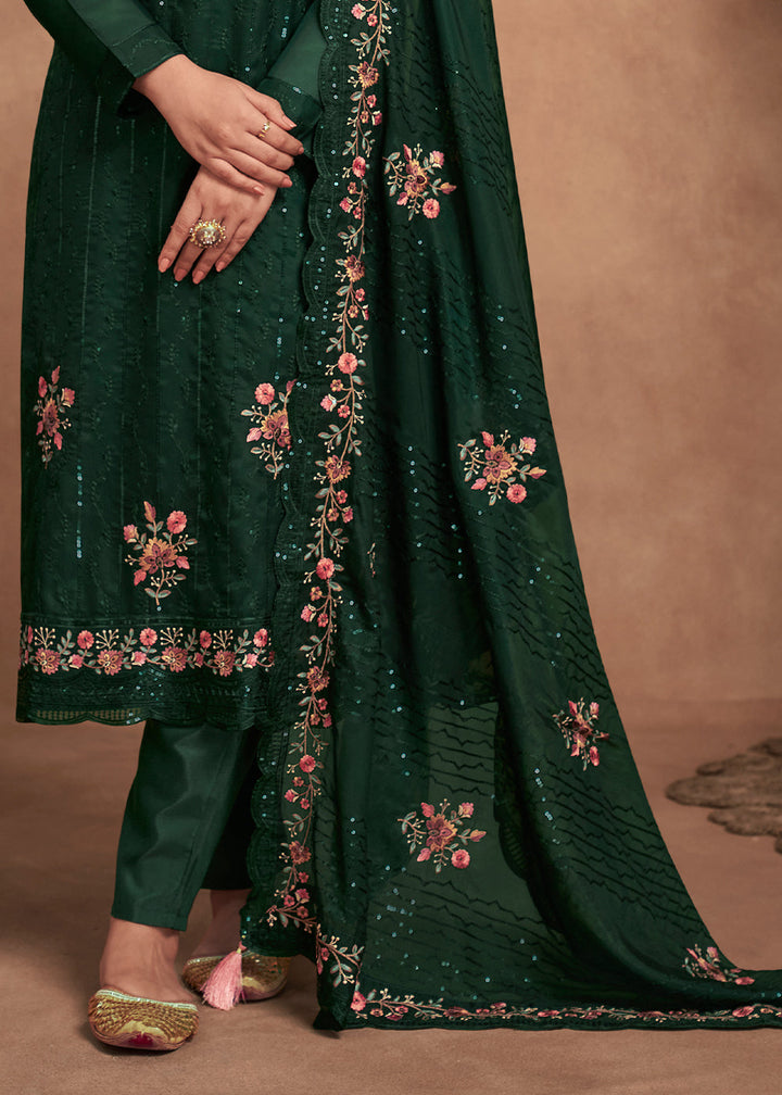 Dark Green Designer Organza Salwar Suit with Embroidery Work