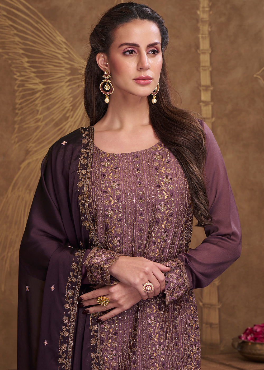 Opera Mauve Purple Silk Embroidered Salwar Suit