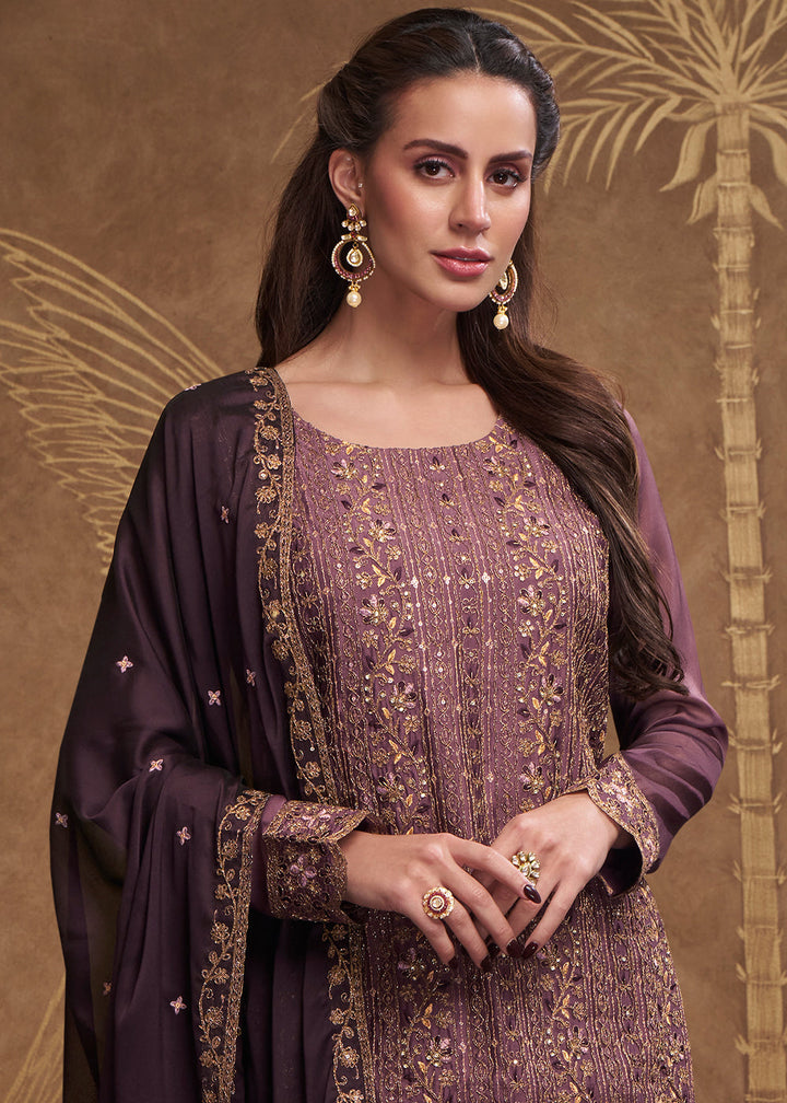 Opera Mauve Purple Silk Embroidered Salwar Suit