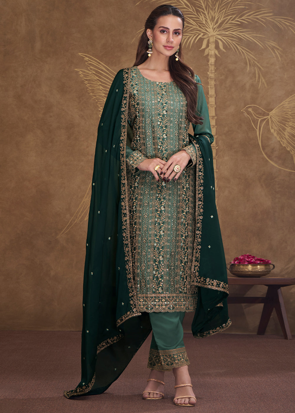 Dark Cyan Green Silk Embroidered Salwar Suit