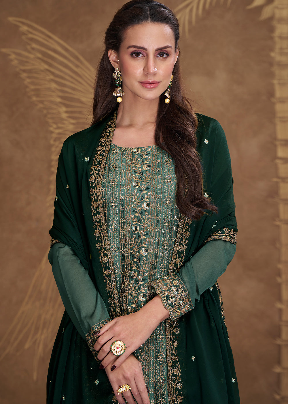 Dark Cyan Green Silk Embroidered Salwar Suit