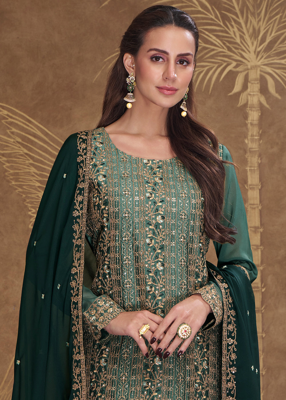 Dark Cyan Green Silk Embroidered Salwar Suit