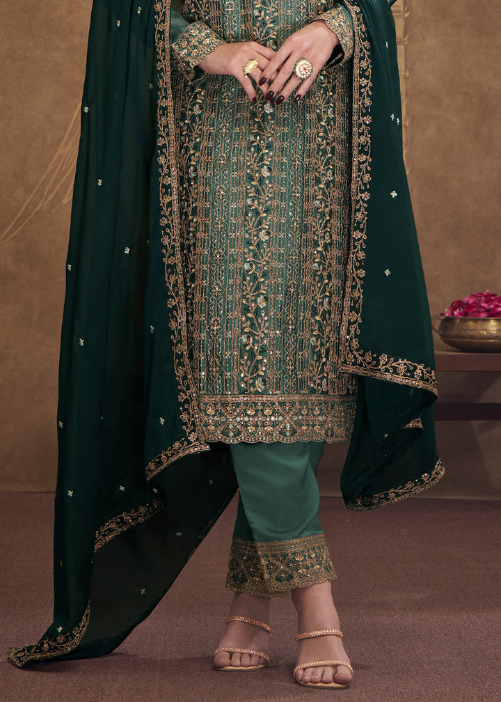 Dark Cyan Green Silk Embroidered Salwar Suit