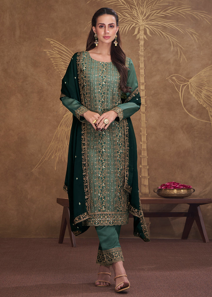 Dark Cyan Green Silk Embroidered Salwar Suit