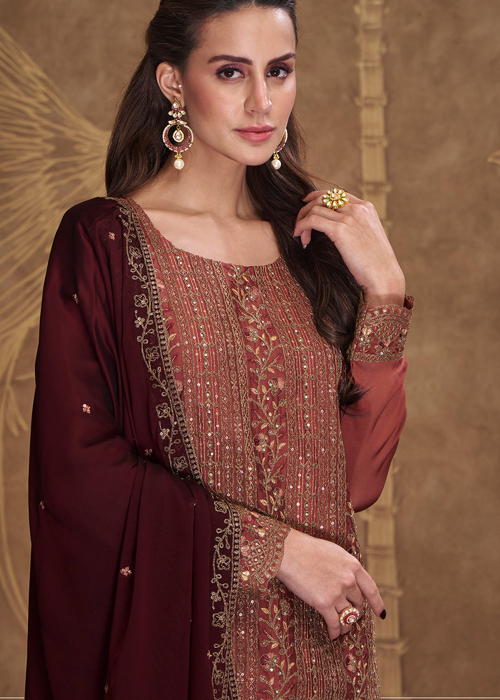 Shades Of Brown Silk Embroidered Salwar Suit