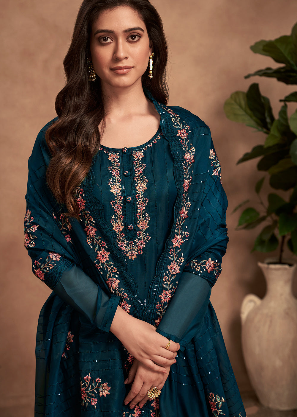 Prussian Blue Designer Organza Salwar Suit with Embroidery Work