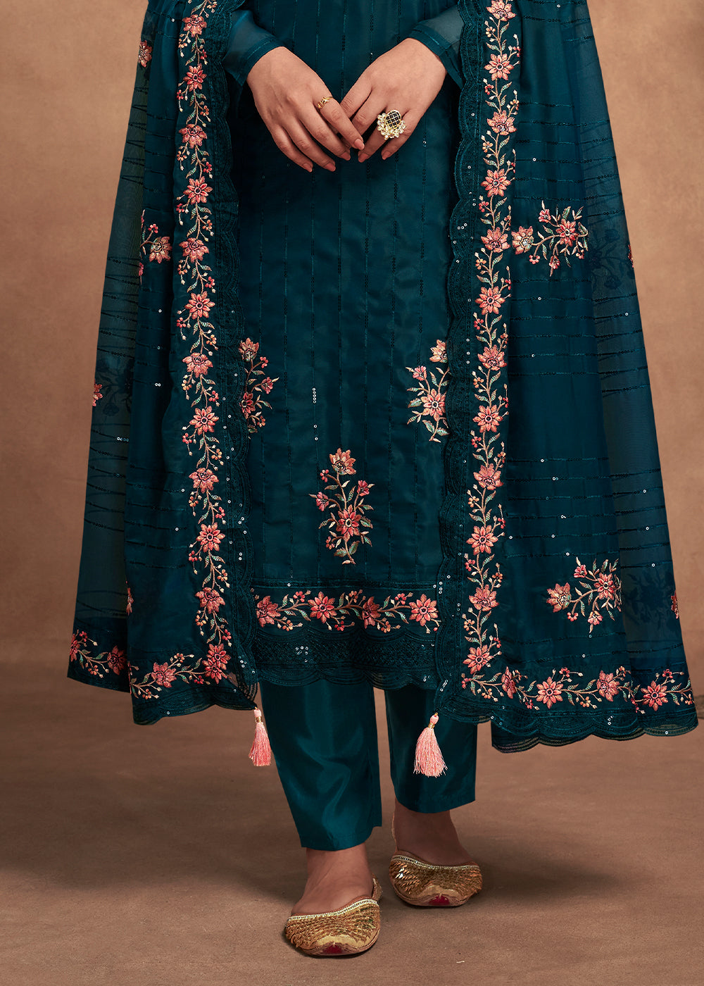 Prussian Blue Designer Organza Salwar Suit with Embroidery Work