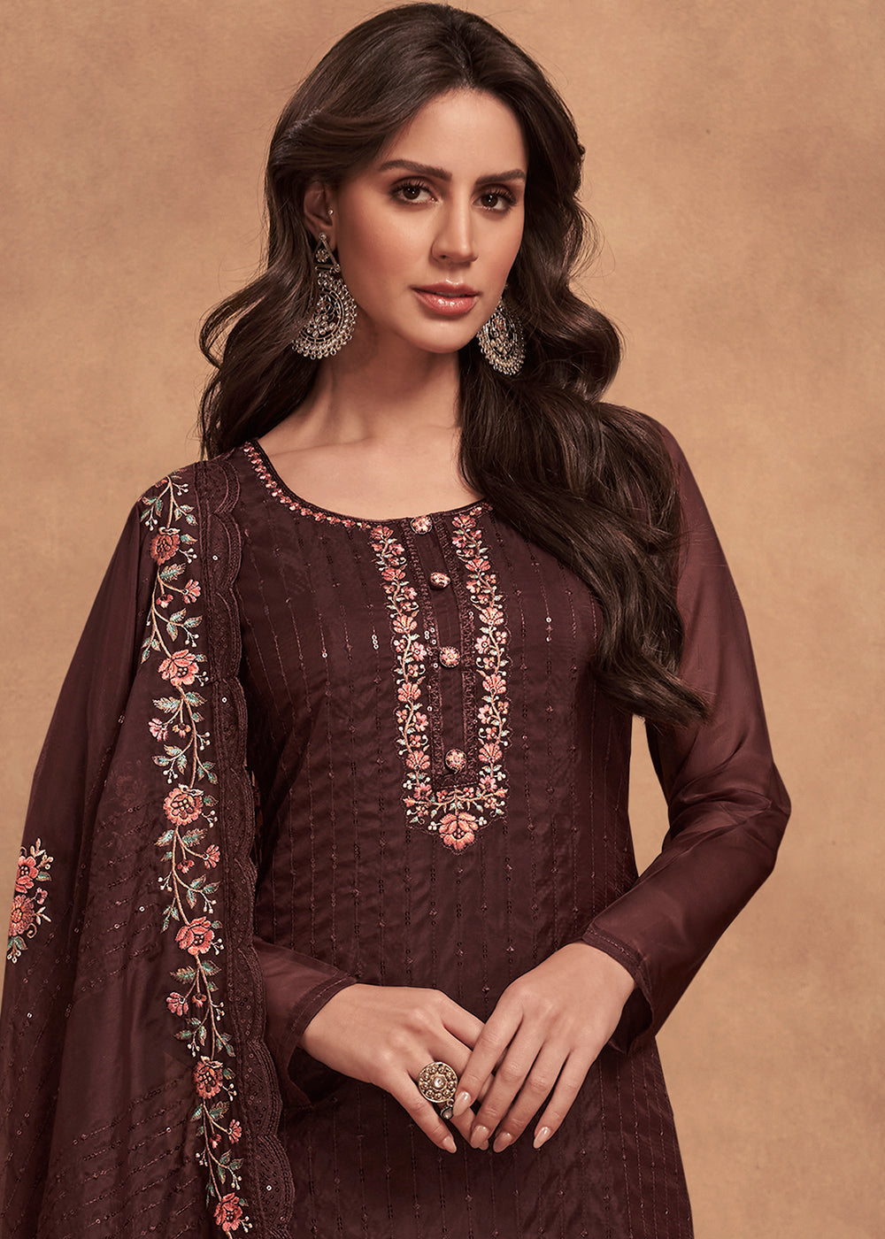 Syrup Brown Designer Organza Salwar Suit with Embroidery Work