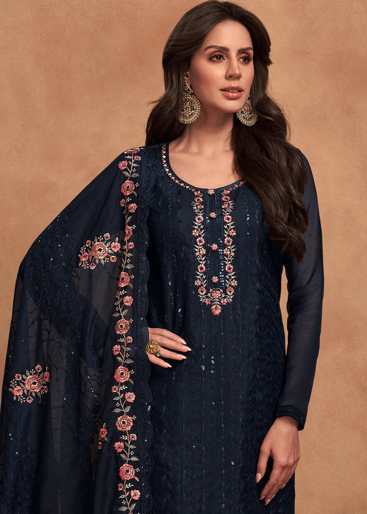 Denim Blue Designer Organza Salwar Suit with Embroidery Work