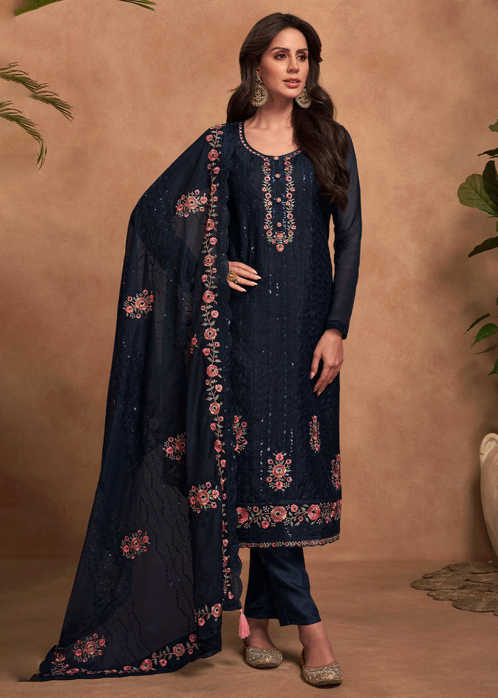 Denim Blue Designer Organza Salwar Suit with Embroidery Work