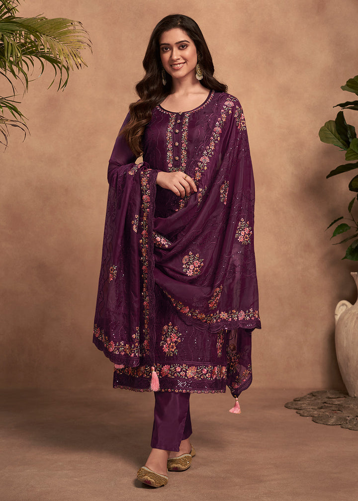 Mitten Purple Designer Organza Salwar Suit with Embroidery Work