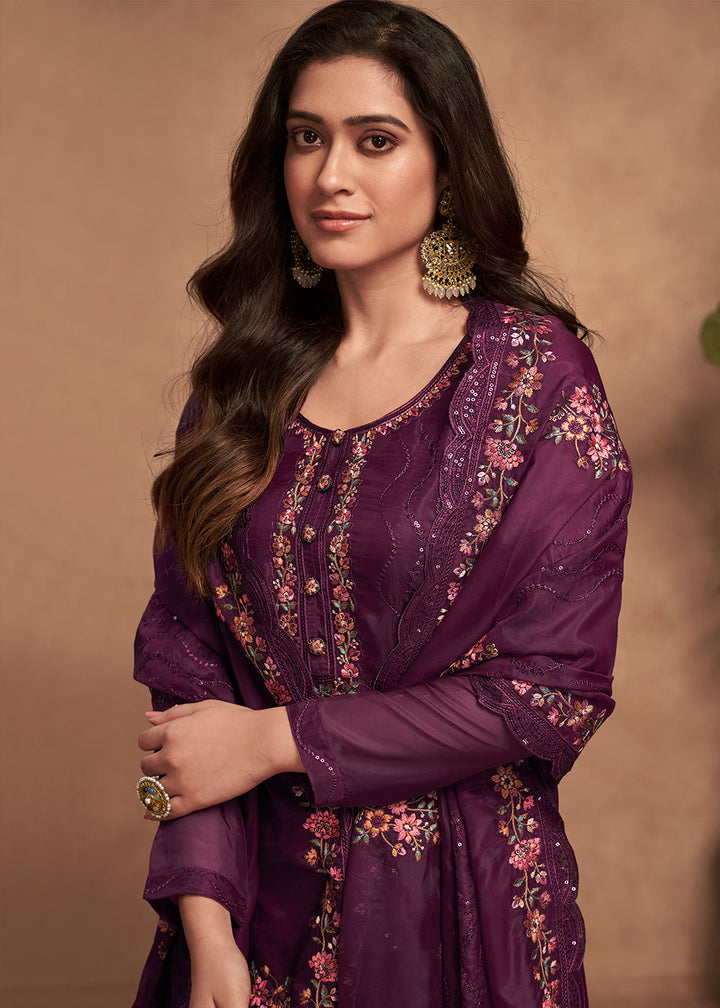 Mitten Purple Designer Organza Salwar Suit with Embroidery Work