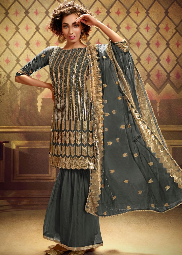 Anchor Grey Designer Soft Net Sharara Suit with overall Sequins work