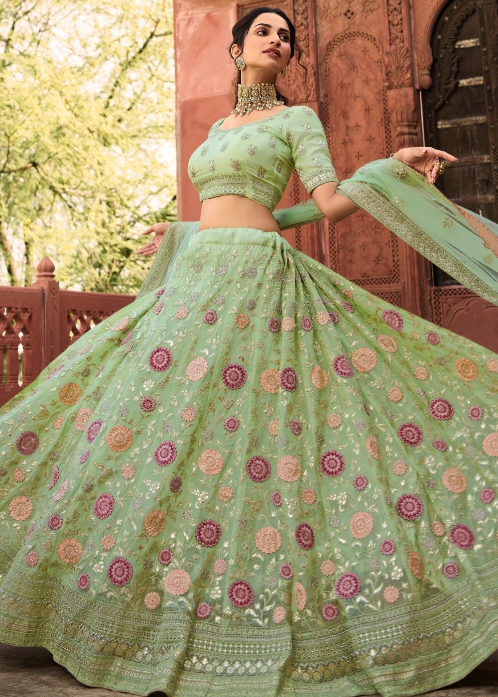 Pastel Green Organza Lehenga Choli with Dori, Thread & Zarkan work