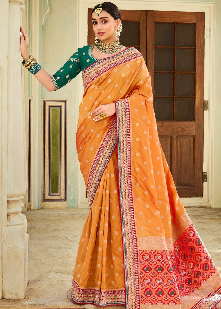 Salmon Orange Woven Banarasi Silk Saree with Embroidered Blouse