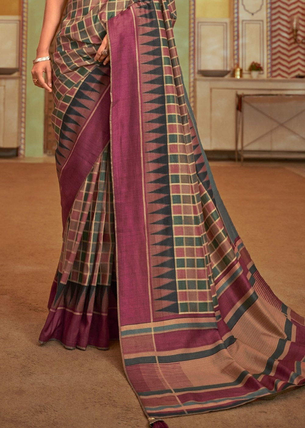 Brown & Purple Designer Checkered Silk Saree