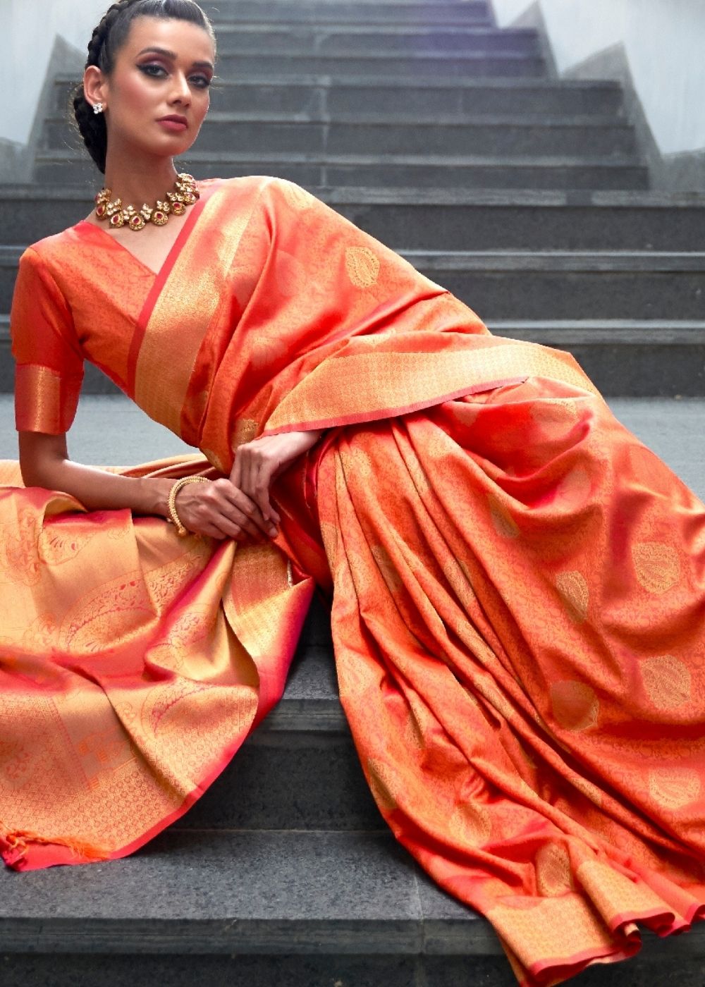 Coral Orange Woven Banarasi Silk Saree with overall Butti