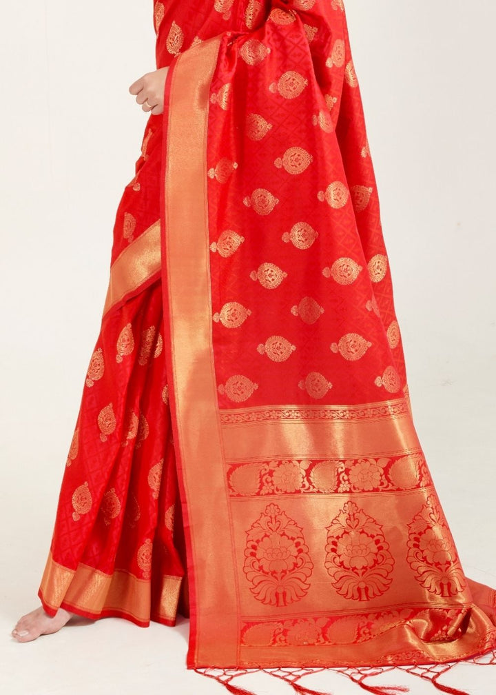 Ferrari Red Zari Butta Woven Banasari Silk Saree