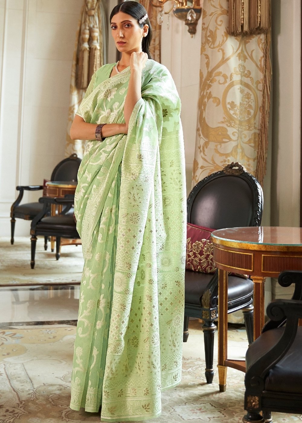 Emerald Green Lucknowi  Chikankari Weaving Silk Saree