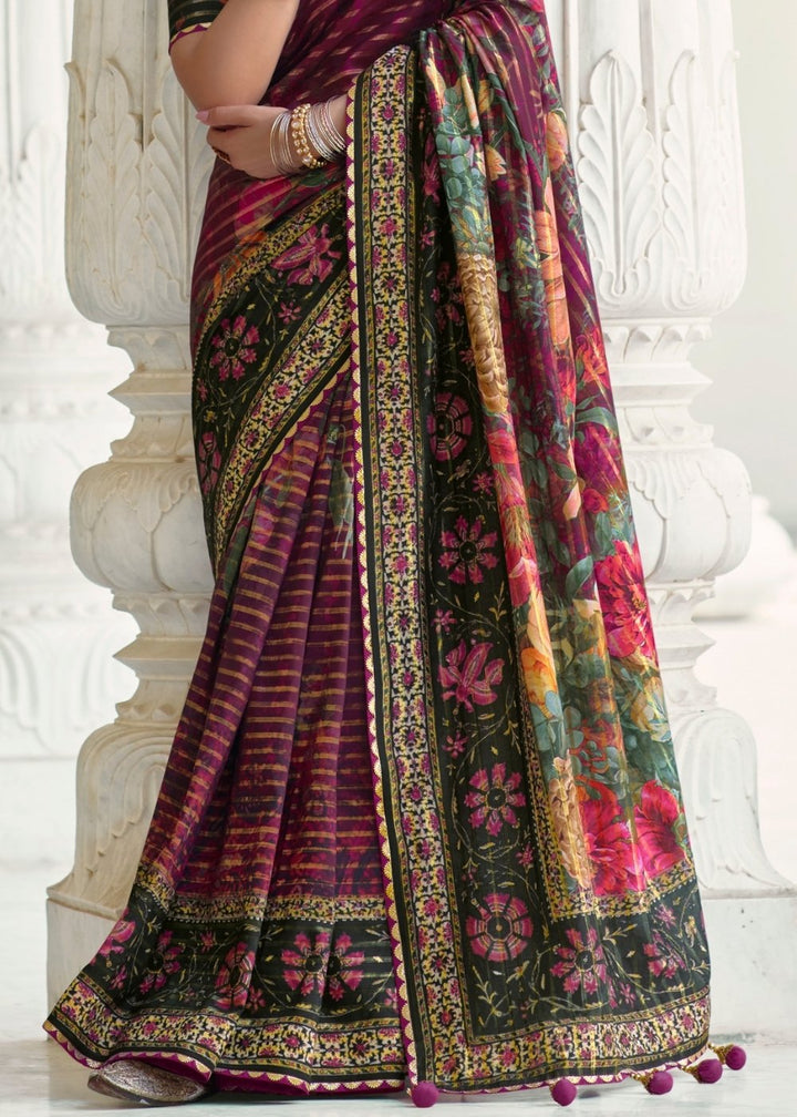 Magenta Purple Floral Digital Print Silk Saree