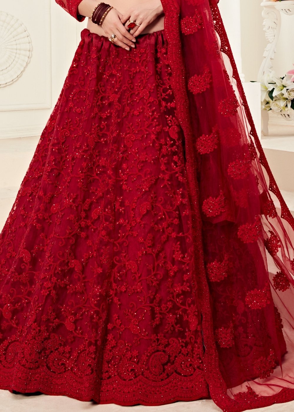 Scarlet Red Soft Net Lehenga Choli with Cording Embroidery & Stonework