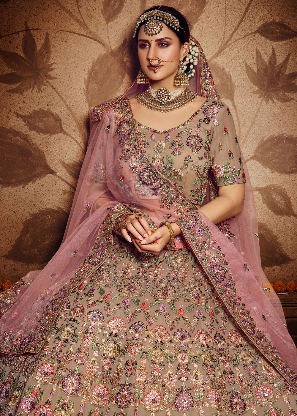 Light Brown Georgette Bridal Lehenga Choli with Resham and Jari Embroidery and Stone work