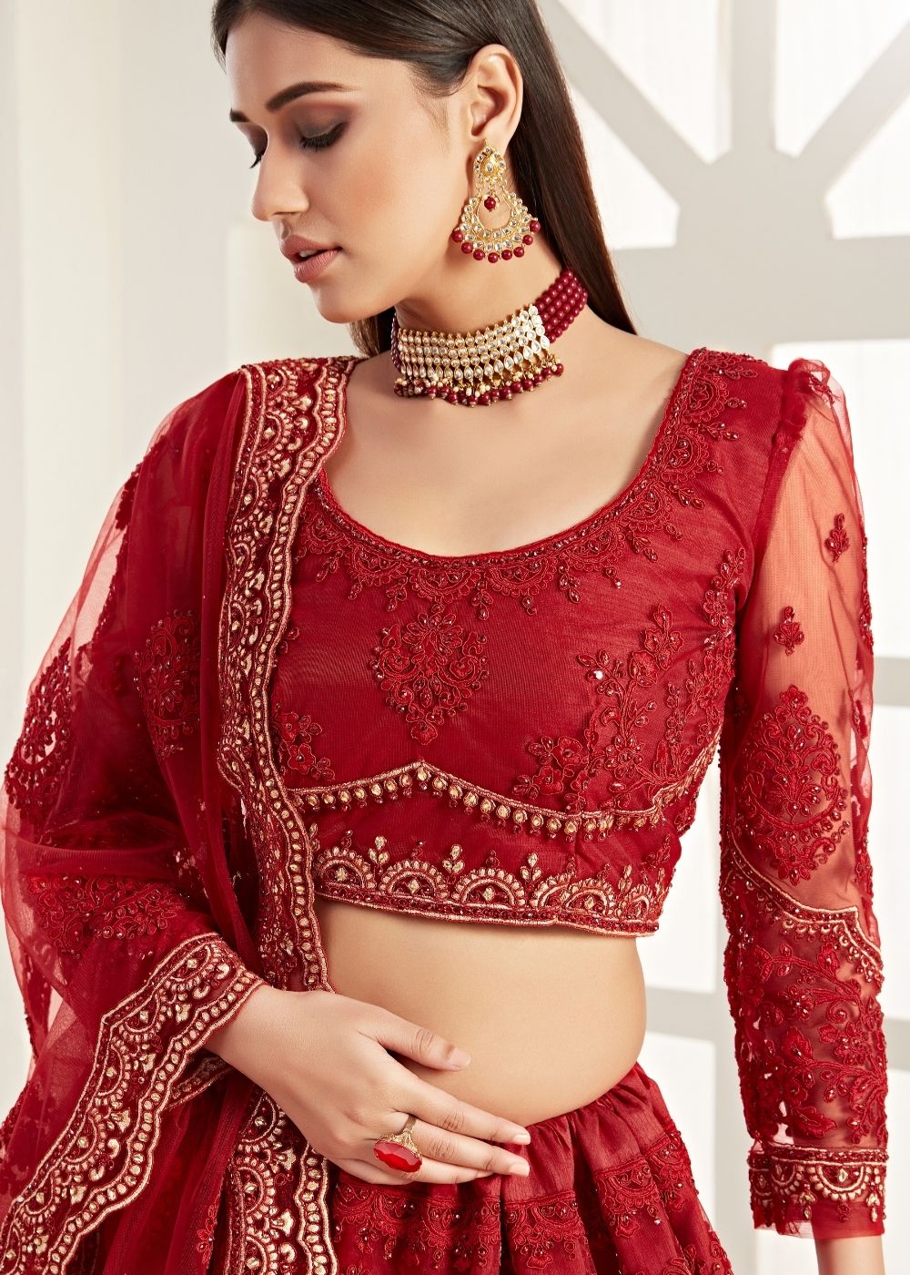 Apple Red Soft Net Lehenga Choli with Coding, Thread, Stonework & Zari Embroidery