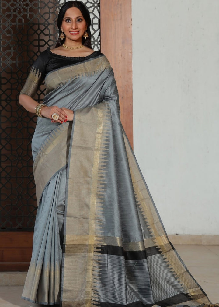 Steel Grey Art Silk Saree with Temple Border