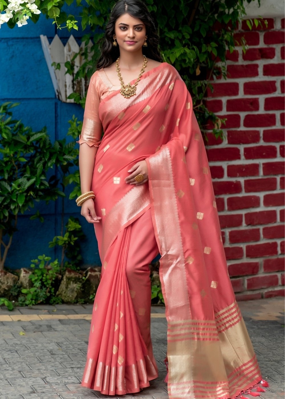 Brink Pink Zari Woven Assam Silk Saree