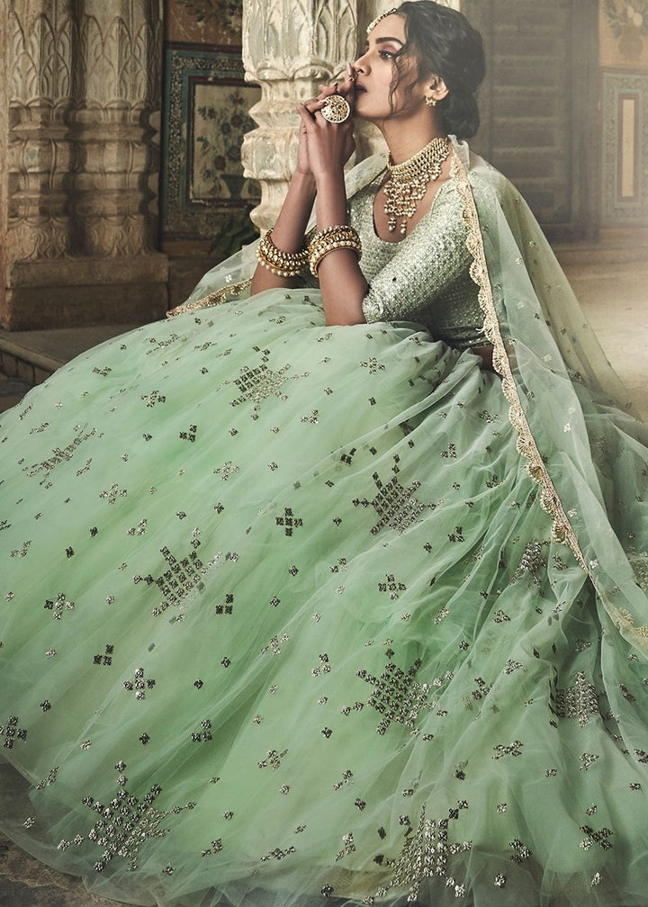 Sea Green Soft Net Lehenga with Sequins & Zari work