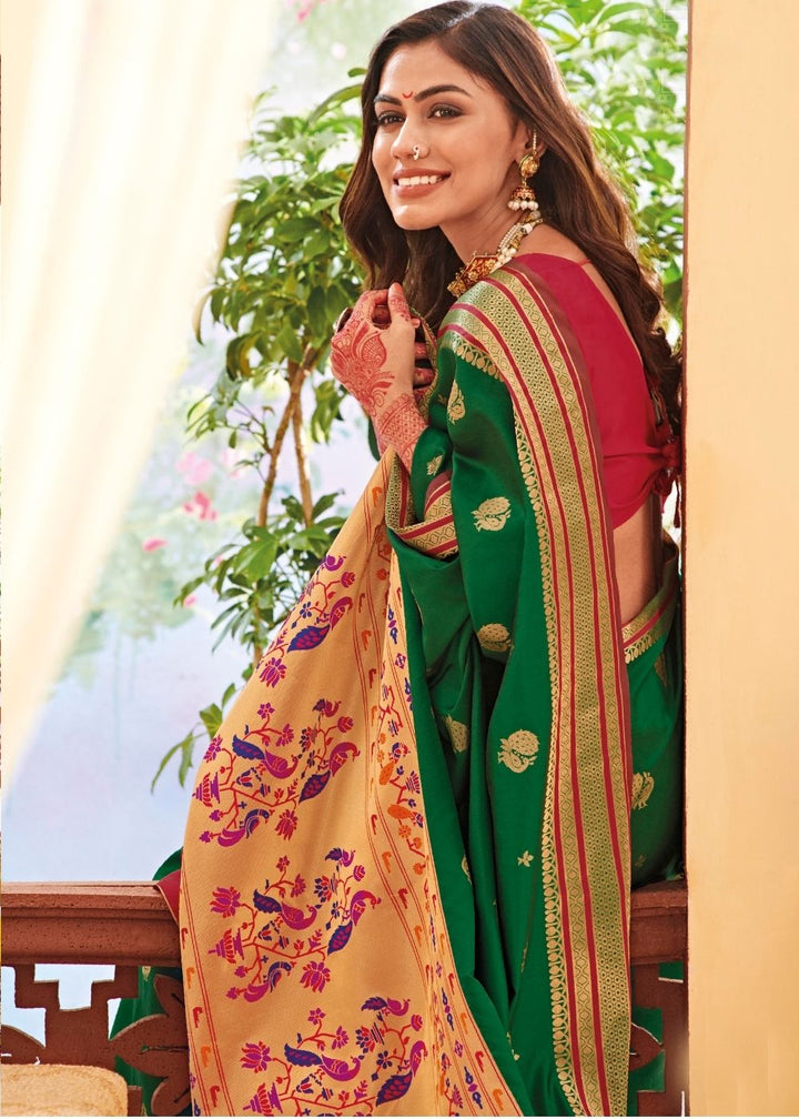 Forest Green Woven Paithani Silk Saree