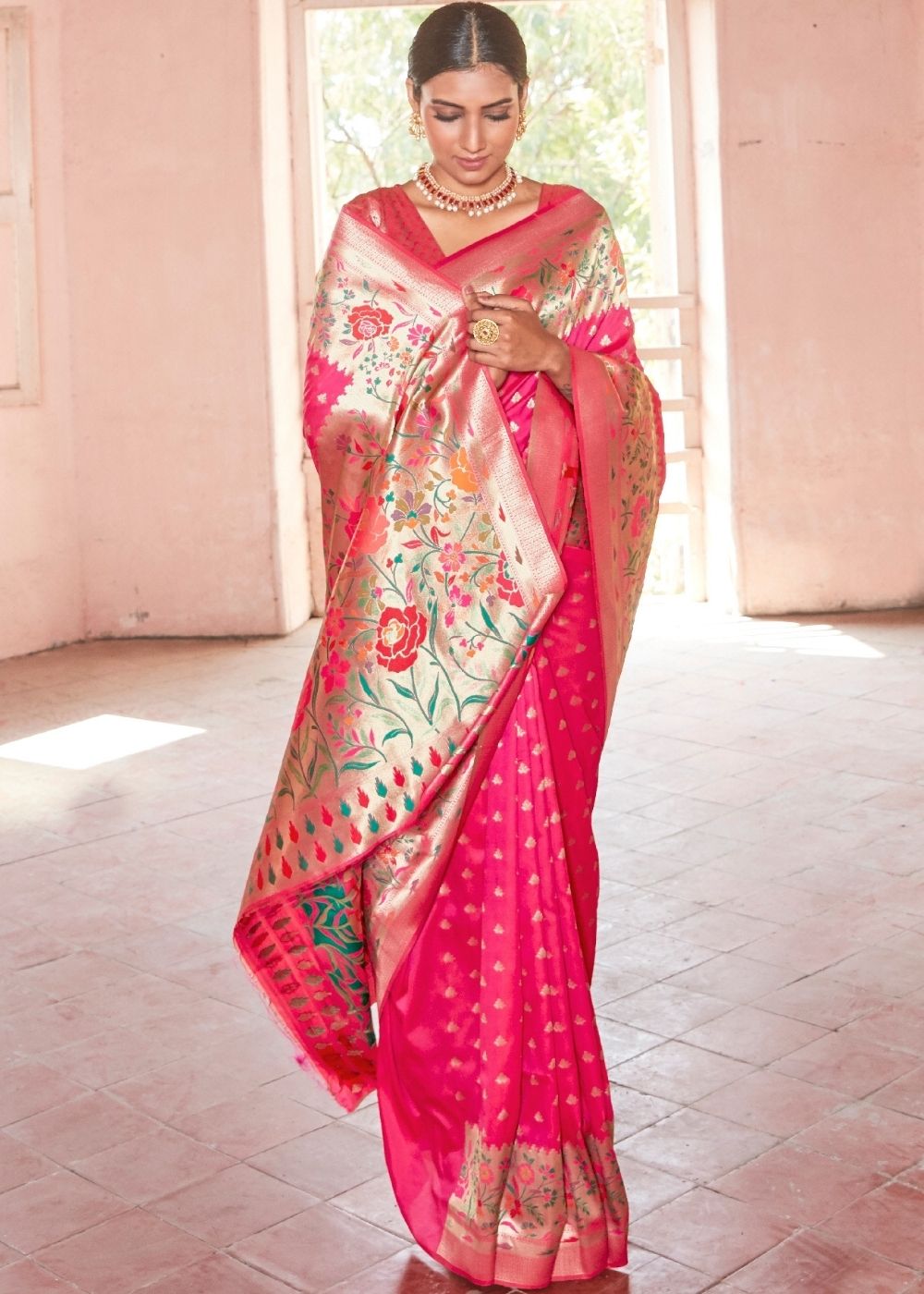 Cerise Pink Woven Paithani Silk Saree