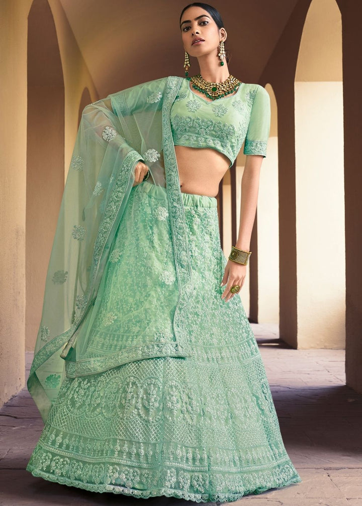 Parakeet Green Soft Net Lehenga Choli with Sequins & Dori work