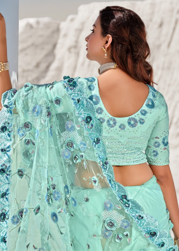 Arctic Blue Designer Net Saree with Hand-Made Flower,Moti & Cut-Dana work: Top Pick