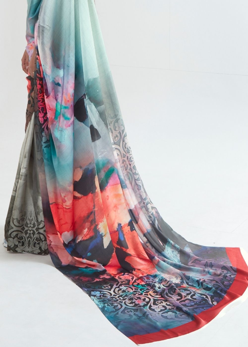 Pastel Green Satin Silk Digital Printed Saree