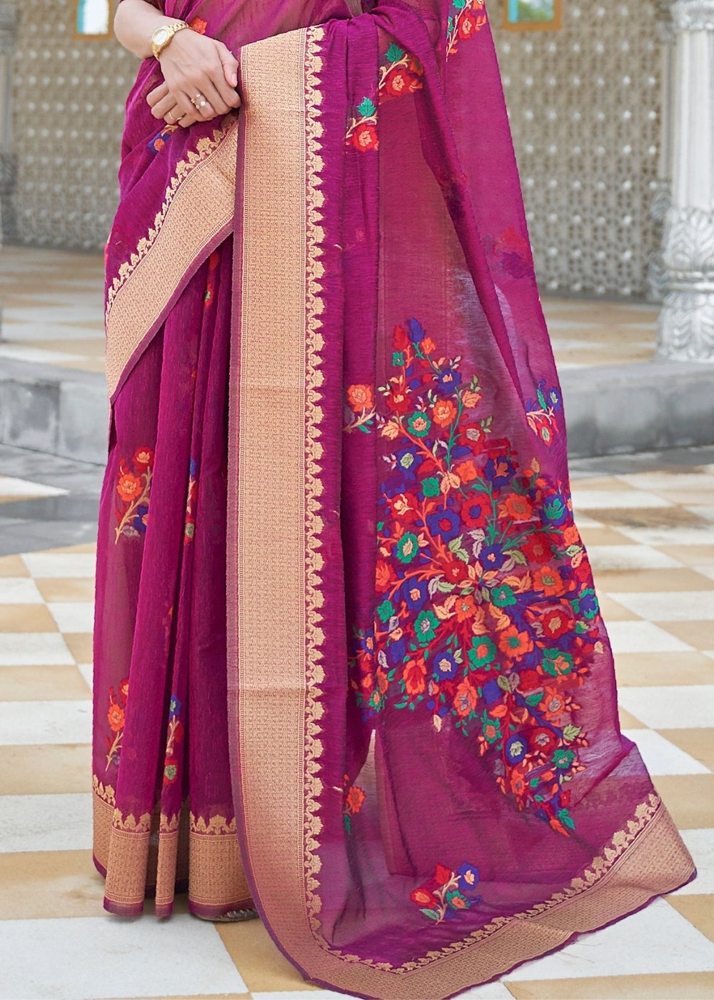 Magenta Purple Floral Embroidered Linen Silk Saree