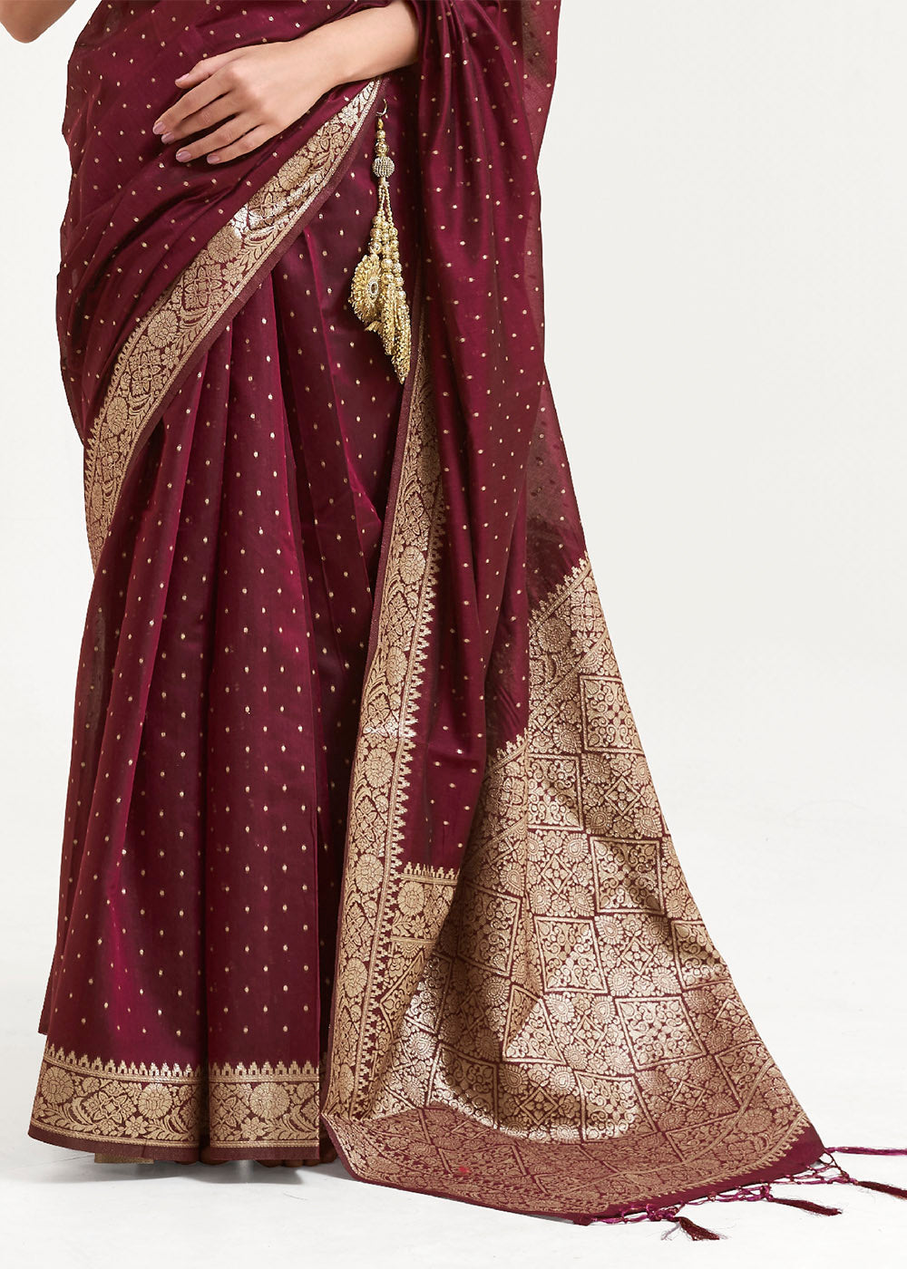 Mahagony Brown Woven Banarasi Silk Saree with overall Mukaish work