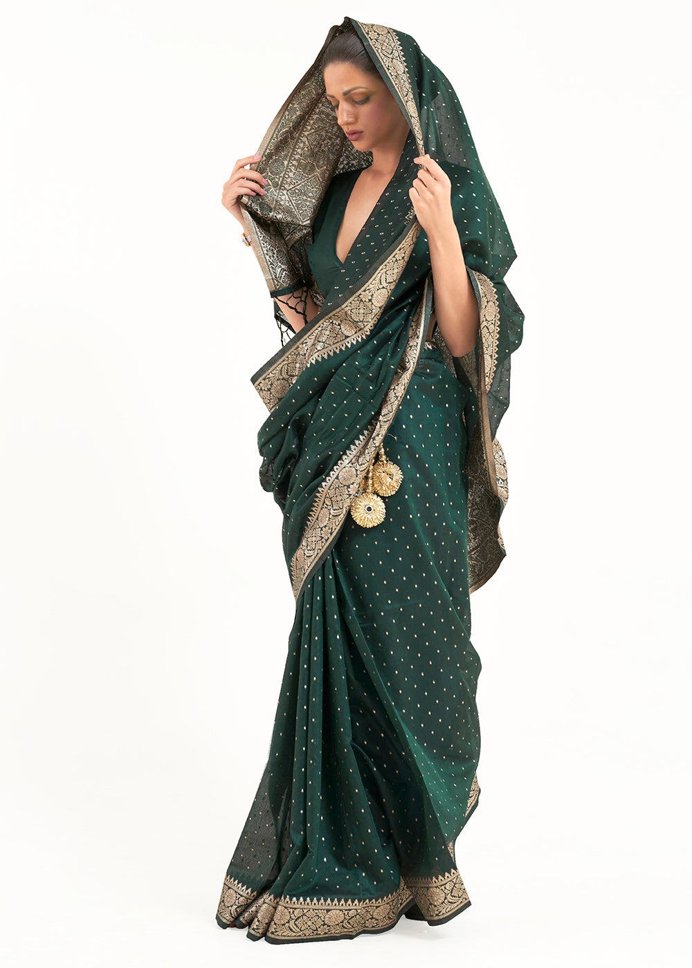 Castleton Green Woven Banarasi Silk Saree with overall Mukaish work