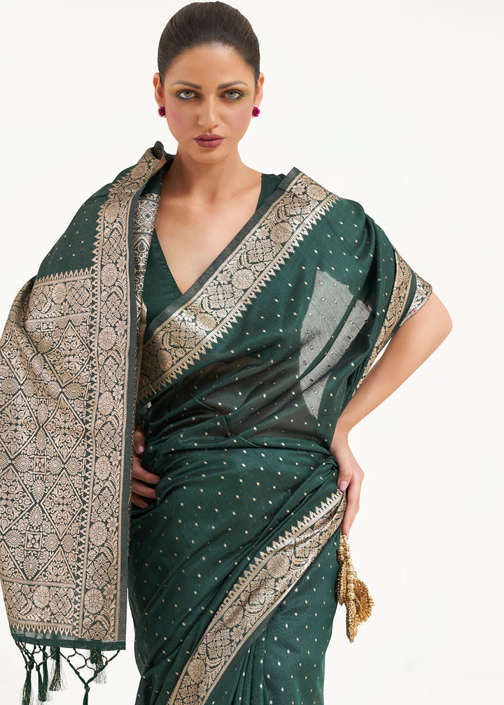 Castleton Green Woven Banarasi Silk Saree with overall Mukaish work