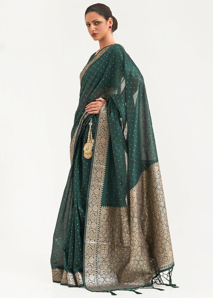 Castleton Green Woven Banarasi Silk Saree with overall Mukaish work