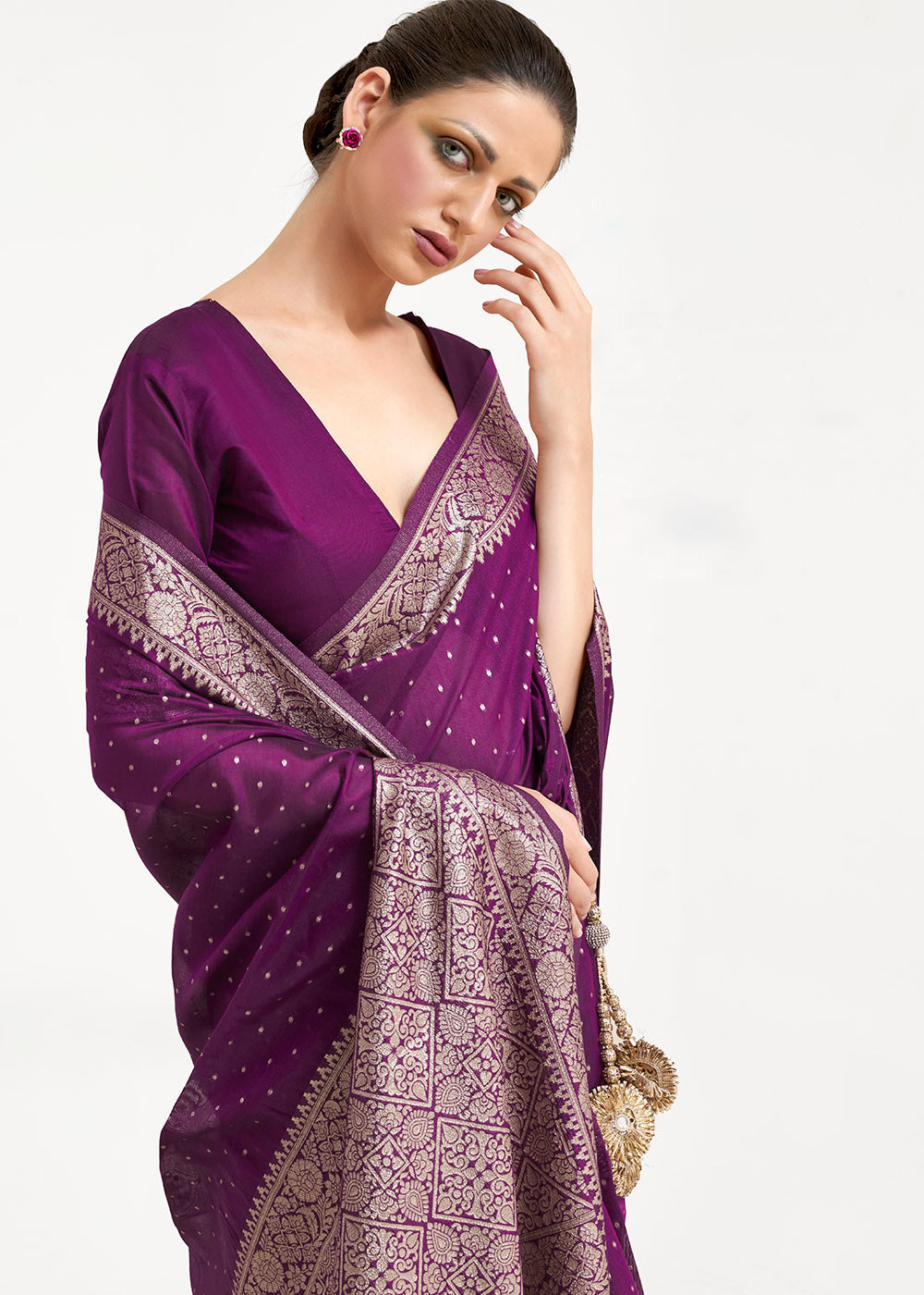 Eggplant Purple Woven Banarasi Silk Saree with overall Mukaish work