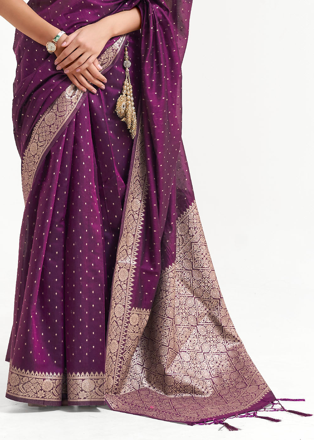 Eggplant Purple Woven Banarasi Silk Saree with overall Mukaish work