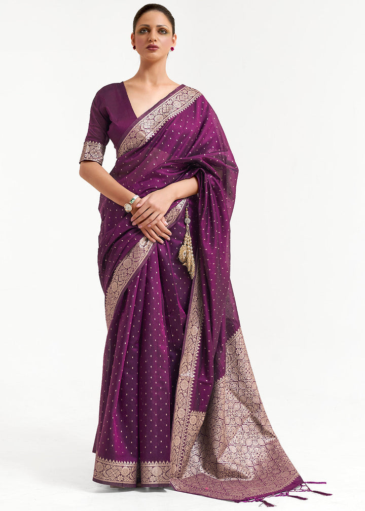 Eggplant Purple Woven Banarasi Silk Saree with overall Mukaish work