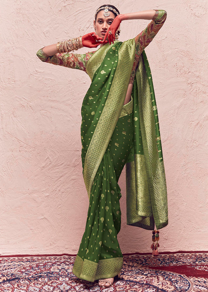 Basil Green Zari Woven Dola Silk Saree With Zari Woven Blouse