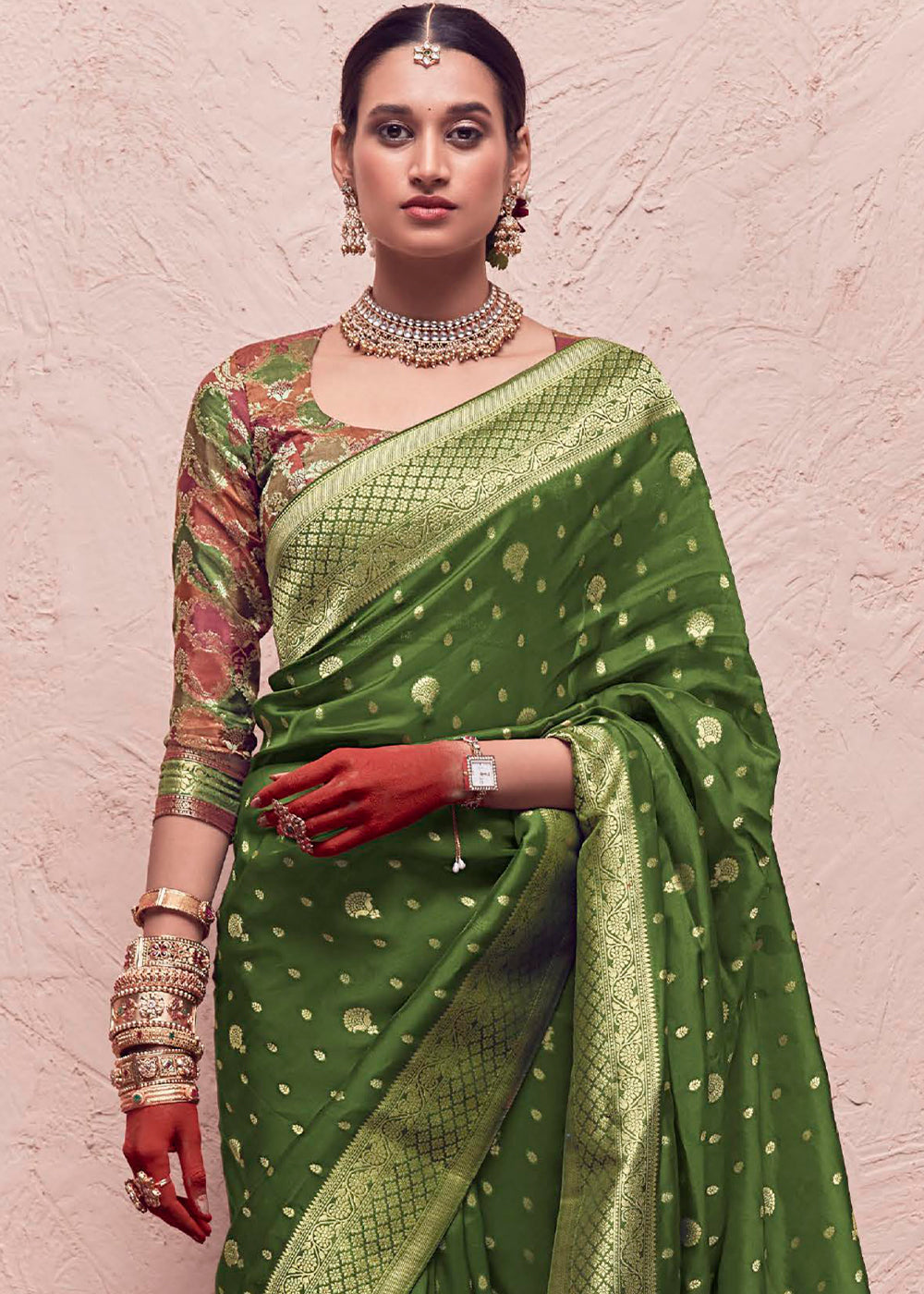 Basil Green Zari Woven Dola Silk Saree With Zari Woven Blouse