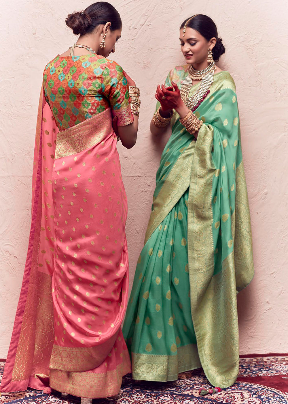 Watermelon Pink Zari Woven Dola Silk Saree With Zari Woven Blouse