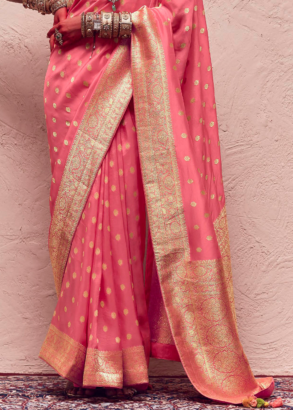 Watermelon Pink Zari Woven Dola Silk Saree With Zari Woven Blouse