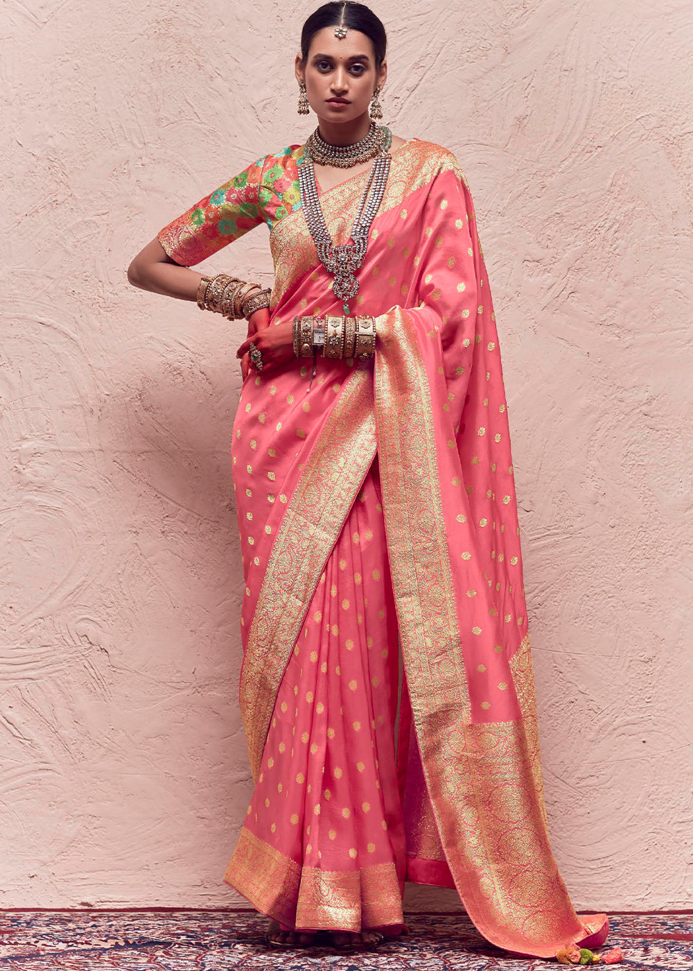 Watermelon Pink Zari Woven Dola Silk Saree With Zari Woven Blouse